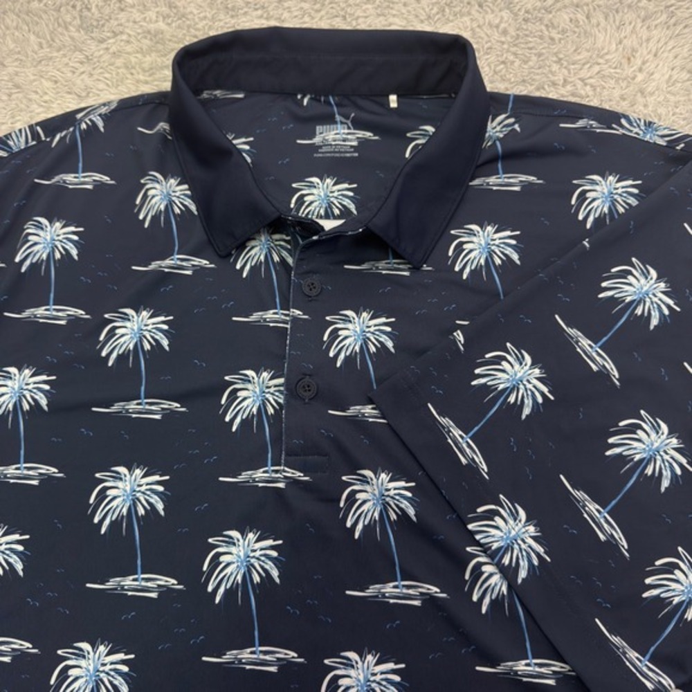 Puma Mens XXL Navy Blue Palm Tree Print Golf Polo Shirt Short Sleeve Performance